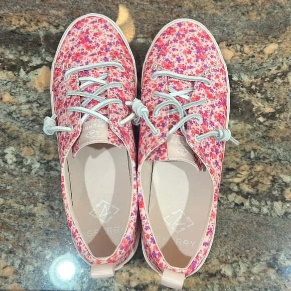 58. Sperry, Crest Vibe Floral Pink Boat Shoes Women’s Sz. 9.5 W. Leather laces - Picture 2 of 15